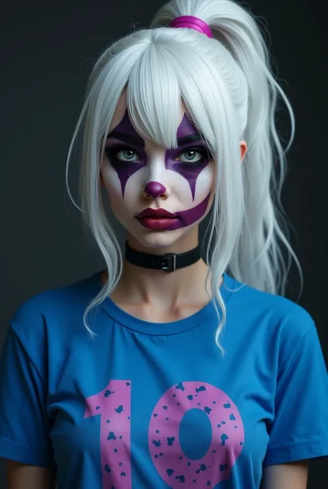 Game woman, white hair with a small ponytail, number 10 blue t-shirt, Black and white clown and purple eyes makeup, Slap eye with eyes