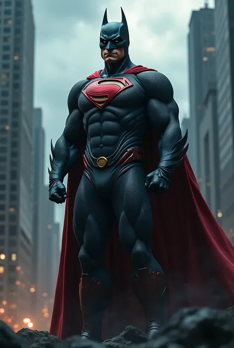 Create an image of Batman and Super Man merging into one 