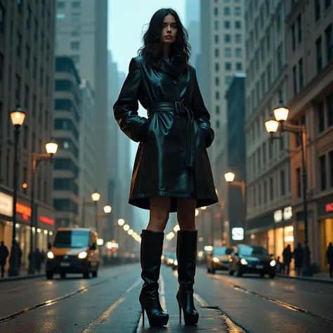 Daylight, illuminated building surrounded by cityscape that seems miniature compared to the model's enormous legs in black high-heeled boots and stylish leather coat. She keeps her hands in her pockets as if posing on a catwalk ((side view)) where the mode...