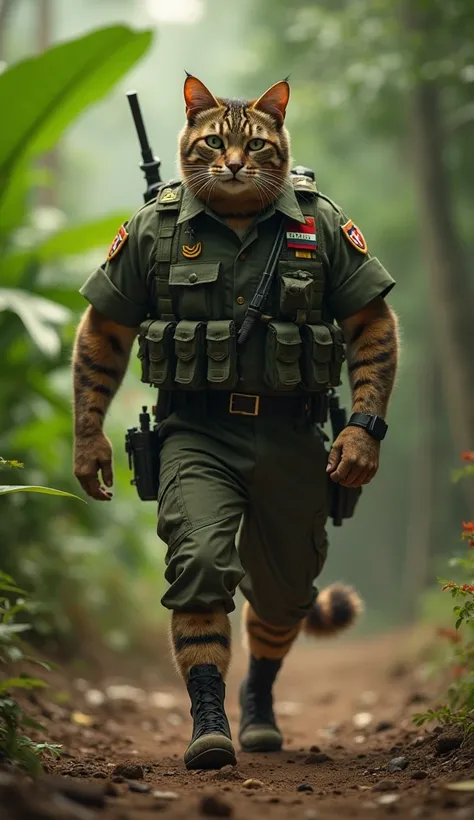 Create a Costa Rican military cat,( muscular, walking)