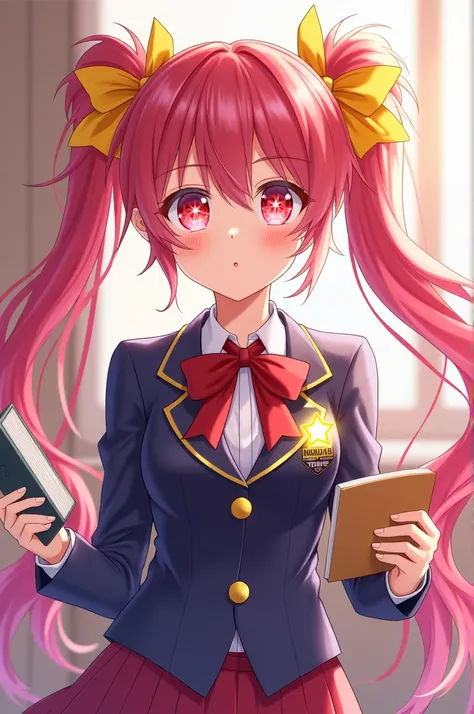 `(tsundere student council president), (twin tails with golden ribbons), (hidden anime keychain under lapel), (laser pointer pen), (blushing while holding rulebook), (sparkling star-shaped pupils), (elaborate school uniform), (glowing communist youth leagu...