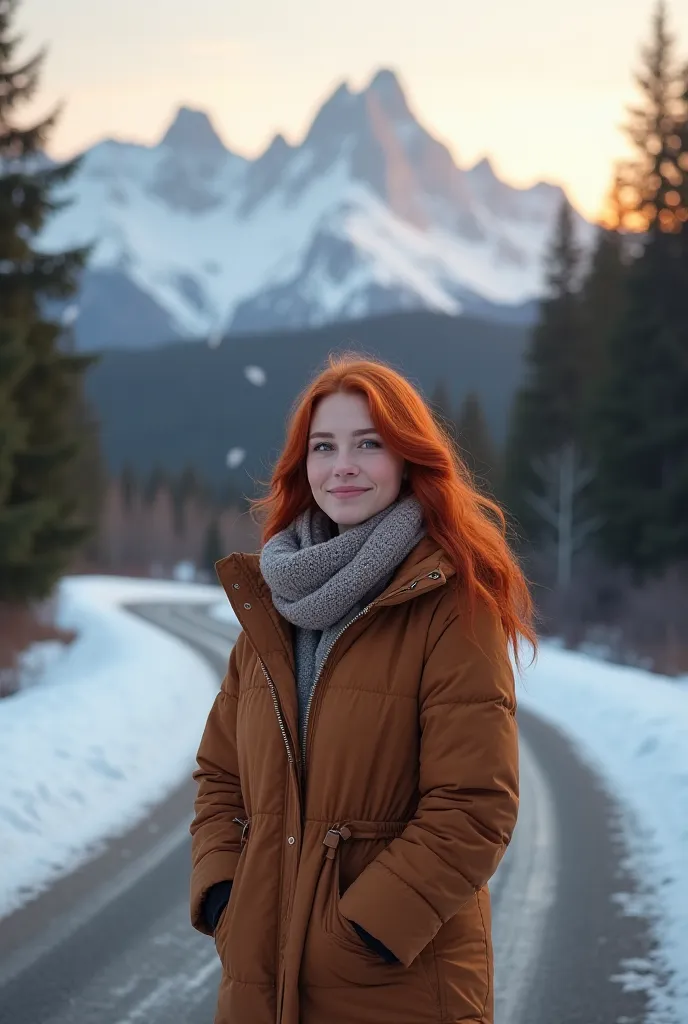 A European redhead woman  with a cozy smile at the warm clothes standing on the middle road, mountains and forest and the background, snow, evening sky, camera effect, photorealistic 