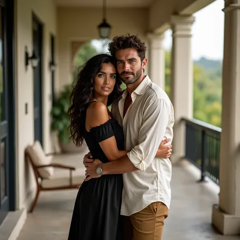 Full body length of a dark brown haired, green eyed man wearing a black cream linen shirt and tan pants and a black wavy haired, brown eyed woman wearing a black low-cut dress, standing on a hotel porch, hugging each other