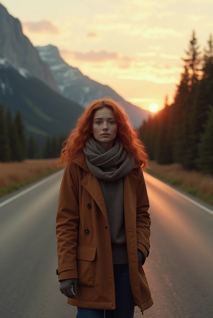  Realistic camera effect photo : European girl with red hair,  dressed in warm clothes ,  stands in the center of a long , a deserted road .  In the background, majestic mountains and dense forest ,  evening time with the soft golden light of the setting s...