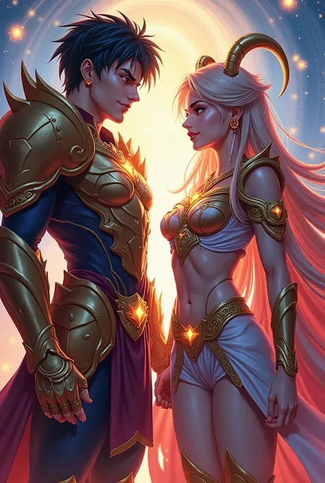 Man and woman,  Anime style, representing the Aries sign,  wearing heavenly armor, With their names that of Ella Airam and that of El JotA