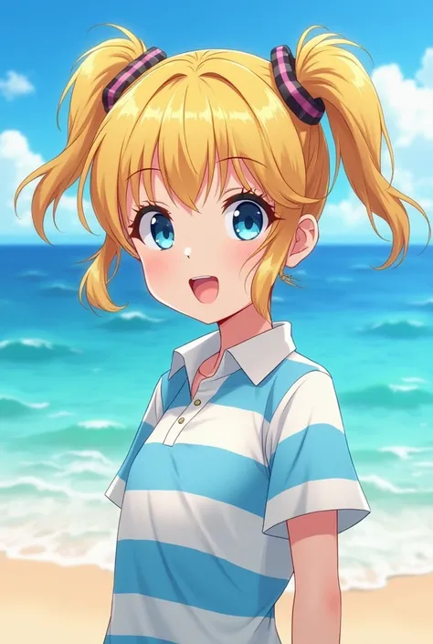 Draw a 14-year-old teenager with gold pigtails and blue eyes in a striped white and blue polo shirt on the seashore in anime style