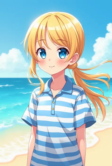 Draw a 14-year-old ager with long golden pigtails and blue eyes in a striped white and blue polo shirt on the seashore in anime style 