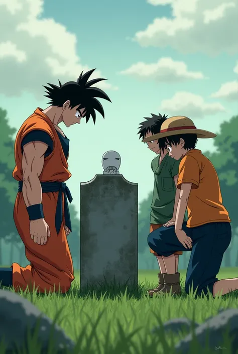 Son Goku Naruto Luffy Gojo as they pray for a grave