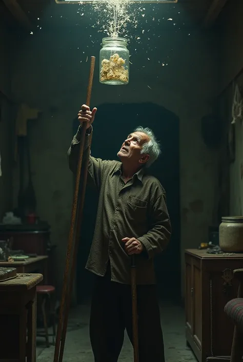 A man holding a cane, directed to a jar, hauled on the ceiling.And broke it