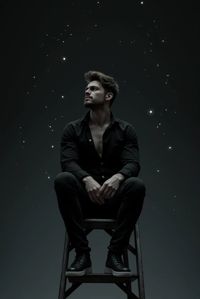 Beautiful man doing sitting in black moon night, stepladder