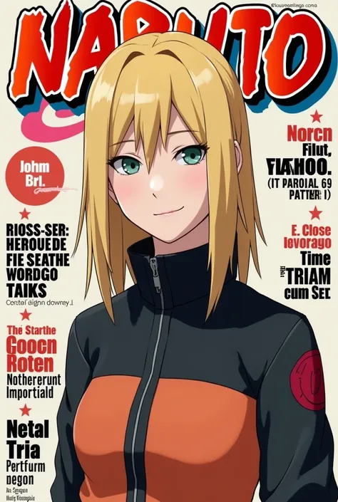 Create a real Naruto magazine cover: Hyperrealistic Ino Yamanaka magazine cover (Hyperrealism) as the main character of the cover and with background texts as if it were a real magazine..  outfit. Hyperrealism. Live action magazine. blonde