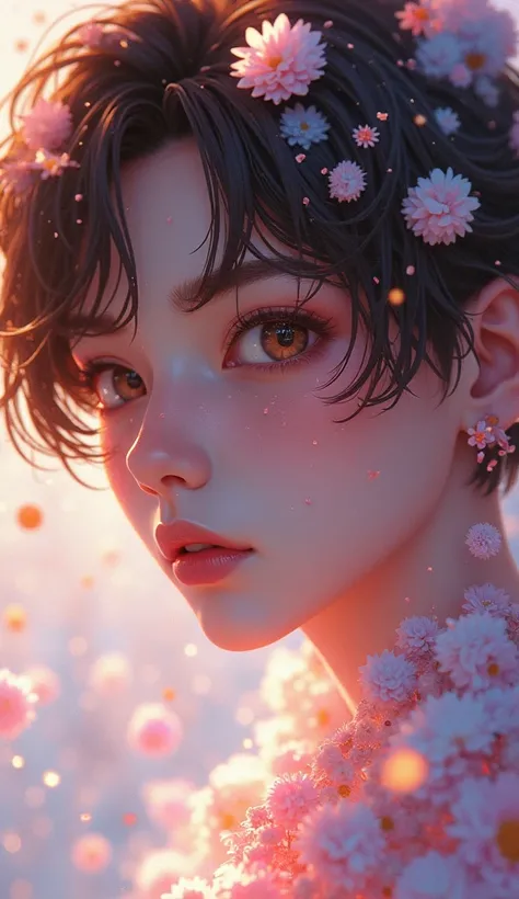 pencilpunk,((caustics:1.3)),(colorful:1.15),(gorgeous light and shadow:1.1),light and shadow, A close-up of an anime character, adult boy, with brown hair and brown eyes, covered in pastel flowers and glitter, in the style of Hsiao Ron Cheng, detailed face...