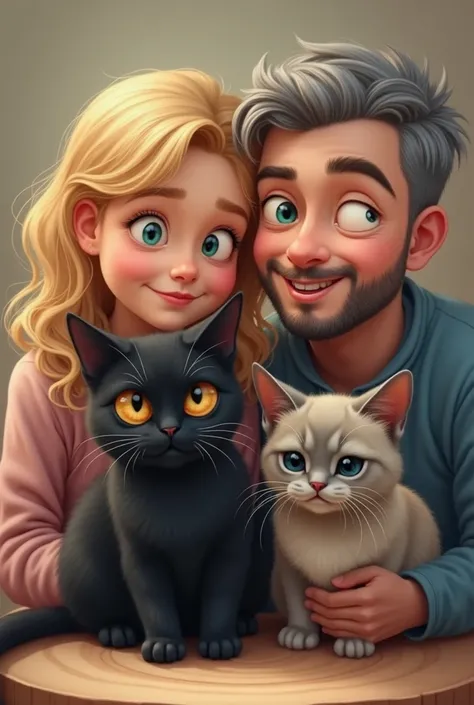 Create an image with three cats , A dark slouched Siamese,  a black cat with an angry face and a small gray British with a winking eye, together with a couple of young humans ,  she with half a blonde hair and he with gray hair and short beard.  I want the...