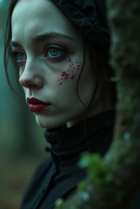 alice nurse.masterpiece woman in 8k. devil counts the tendons of darkness it rolls over .tilt shift oczy zoom. woman sitting on strange dark houses scout moss wind poplars 8k .nagus hyperreal 4k . girl scout talking to death . visible whole character in li...