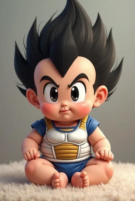 ### **Prompt:** *"A chubby, cute baby with chubby cheeks and a determined expression has the face of Vegeta, the iconic Dragon Ball character. His hair is spiky and black, characteristic of the Saiyan prince, and his forehead has the traditional "M" shaped...