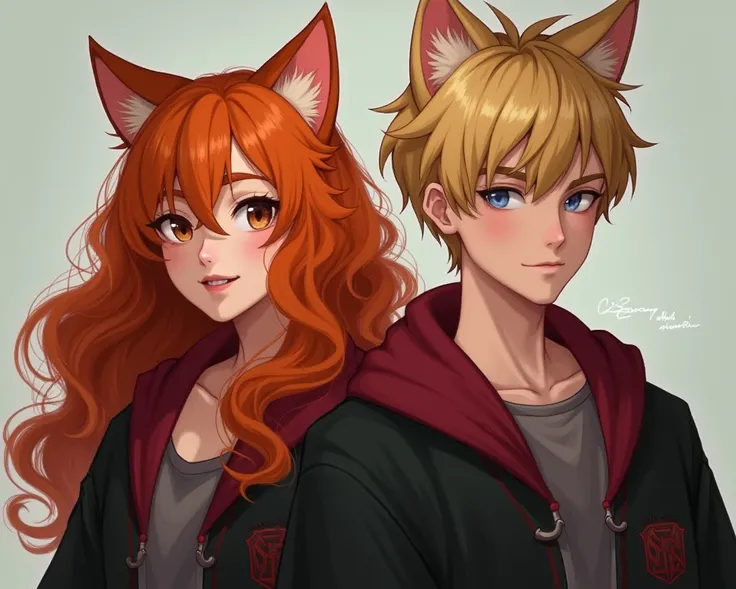 2d art

1 girl - feminine, long ginger hair, curly hair, brown wide eyes, ginger cat ears, gryffindor robe, looking at camera;

1 guy -  masculine, cat ears, short hair, dirty blonde hair, narrow eyes, blue eyes, smirk, gryffindor robe, looking at camera

...