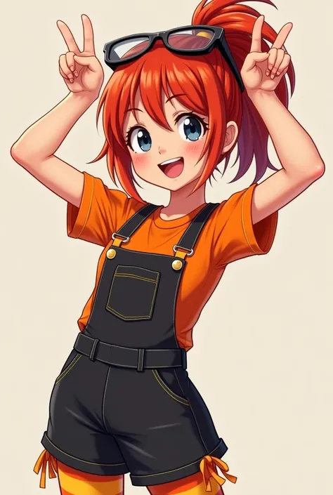  The girl Cheerful and cheerful shows cancer a sign of victory .  Fire red hair , to the red bangs .  dark blue eyes.  She is wearing an orange T-shirt with yellow seams on the sleeves and throat .  The T-shirt has a black jumpsuit with a strap down on one...