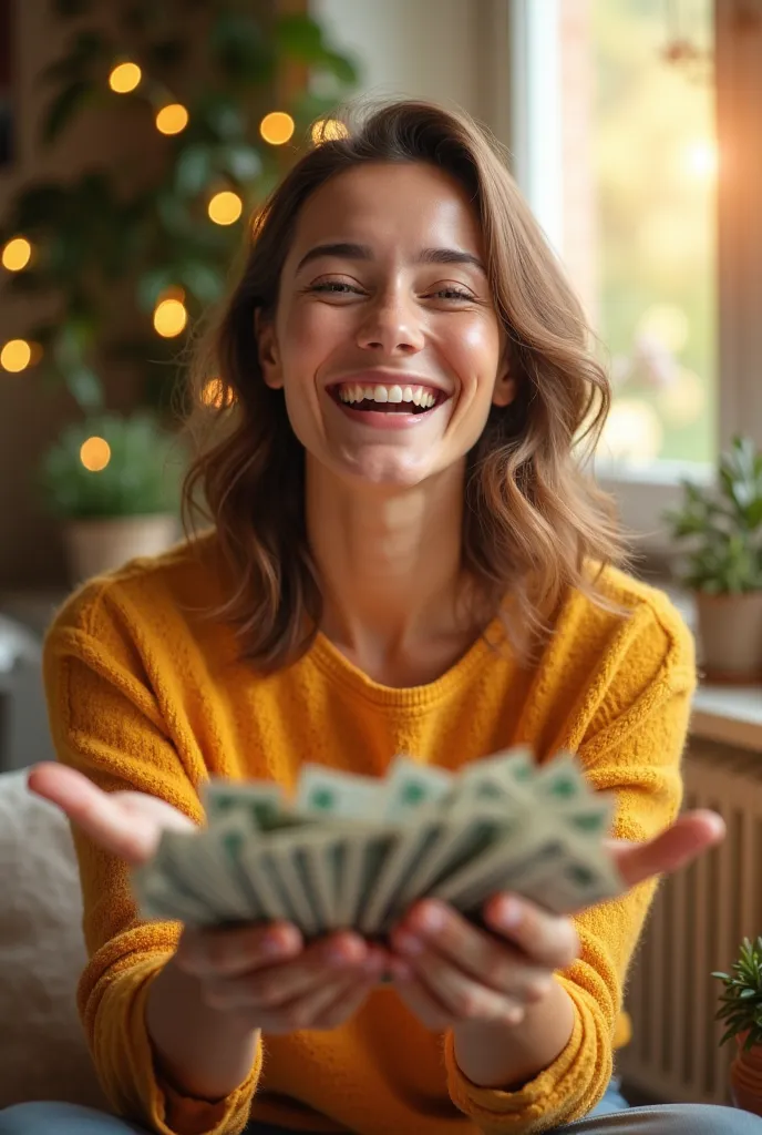 HAPPY PERSON WITH MONEY IN THEIR HANDS