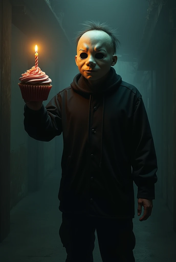 CREATE THE COVER OF THE HORROR MOVIE 
DEATH CONGRATULATES YOU 3 
WITH A KILLER WEARING A BABY MASK DRESSED IN BLACK 
HOLDING A CUPCAKE WITH A NUMBER 3 CANDLE