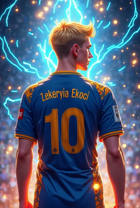 Fenerbahçe jersey with blonde short hair and 10 written on the back under ZEKERİYAEKİC, champions league themed and anime