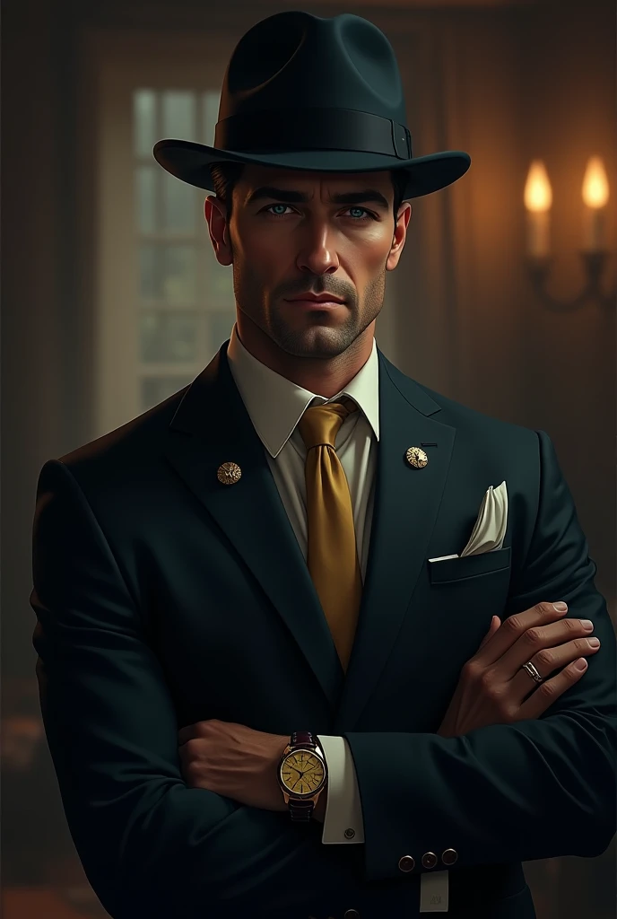 A boss mafia man with a hat in his head and wearing a uniform with a gold watch, his eyes are blue, his tall, and handsom 