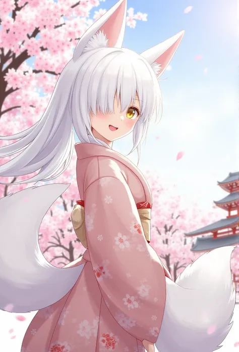   1girl  ,  fox tail  , sky , cherry blossoms,   petals  , Temple,   multiple tails  ,   white hair ,  long hair ,  animal ears ,   masterpiece ,   yellow eyes  ,  Kitsune , hair over one eye,  Thin Smile,  head tilted ,  close-up ,  portrait ,  open mouth...