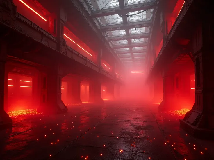 A futuristic industrial arena with a dark, cyberpunk atmosphere. The environment is filled with red fog and glowing lights, metal beams forming a geometric structure, and small embers floating in the air. The scene is illuminated by artificial lights, cast...