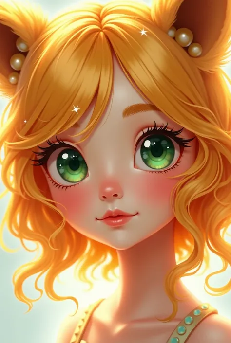 Cute girl with green eyes and yellow orange here big eyes