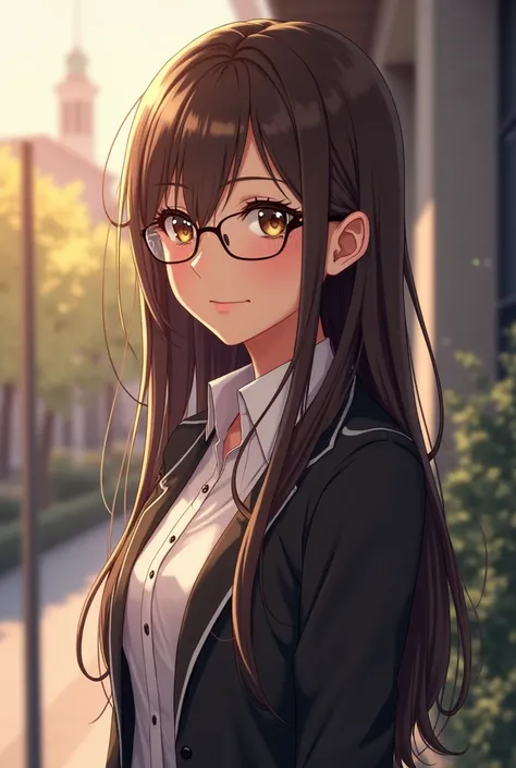 Full body, Anime, beautiful girl, dark skinned, light, dark brown straight hair, hazel brown eyes, glasses, German student, slight smile, full body, German theme, full body