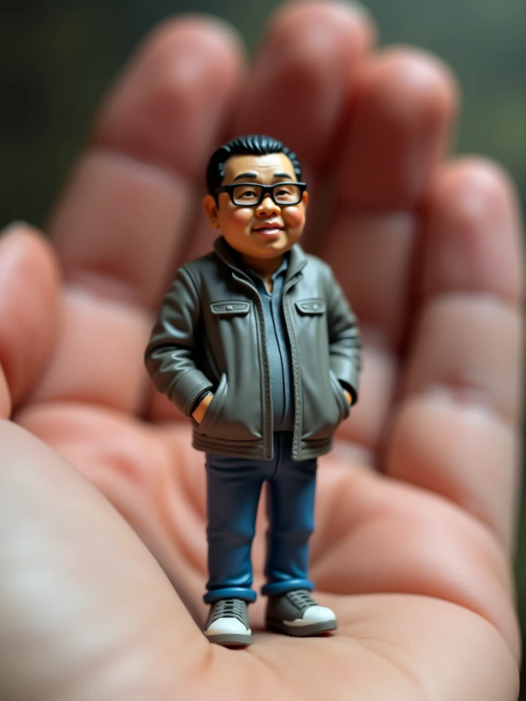 There is a miniature of an Indonesian man with a slightly fat body, short hair, wearing glasses, wearing a gray jacket, wearing jeans, wearing shoes, this miniature is seen being held in his hand. 