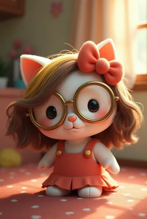 Make a hello kitty with round glasses and wavy brown hair with a blonde lock