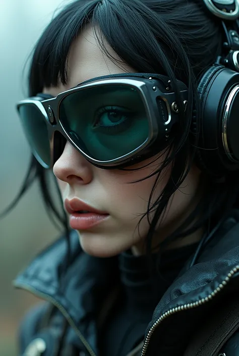 A surreal high realistic bionic human Close up of an Beauty Cyperpunk Woman with Post apocalyptic black clothing and goggles, humanoid features. Highly stylized, Fantasy , recessed features with a depth. Display , digitale Inhalte von Navigation werden auf...