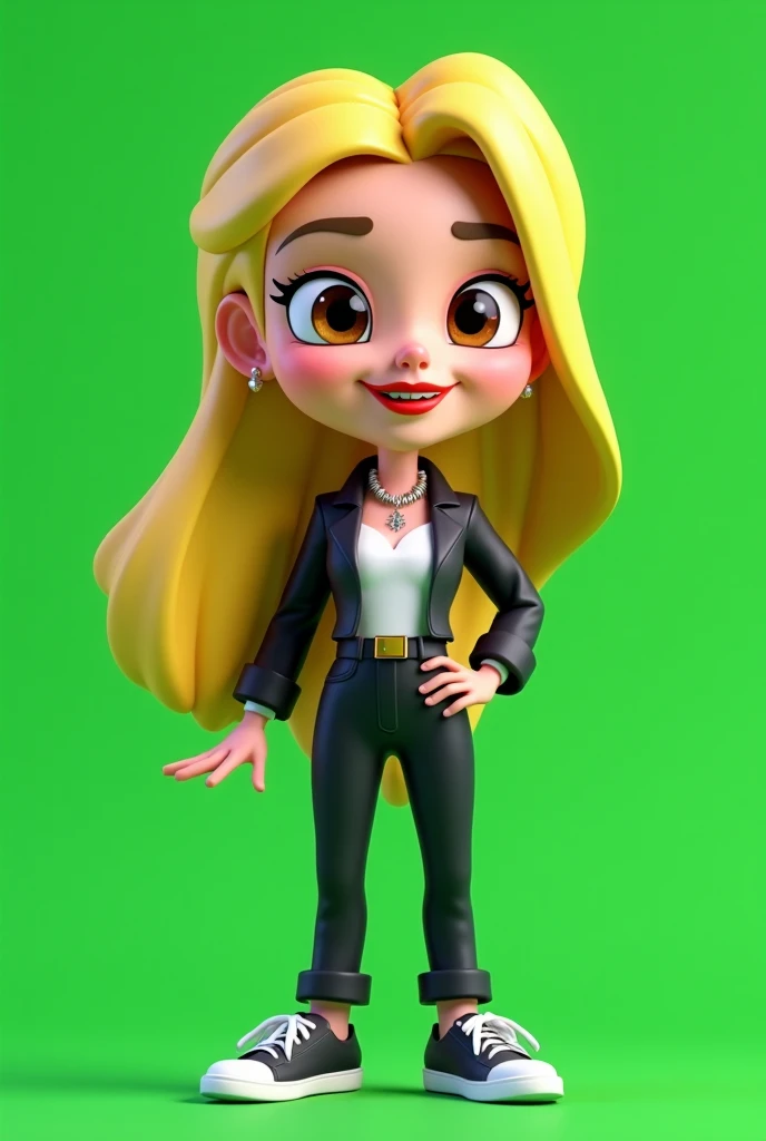 3D cartoon mascot in [elegant], [copywriter] character with mascot], brown eyes, crazy black and white with blonde hair and red lipstick and a mole on her chin, pretty sexy], wearing [marketing professional], AI style necklace, [powerful], pure flat chroma...