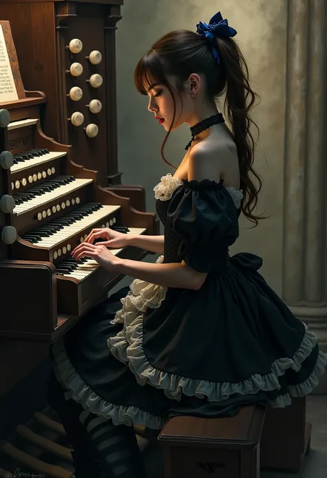 Profile painting of a young woman dressed in a Gothic-Victorian style, playing a Gothic organ, looking down, closed eyes, in the basement. She has a striking appearance, with dark eye makeup, brown hair tied in voluminous pigtails adorned with blue satin b...