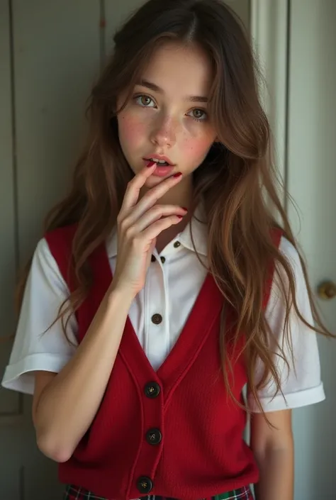 I eant an 18+ NSFW image of a super young looking girl with long brown wavy hair and hazel eyes and oval shaped face with acne and eye bags, button nose , small lips super skinny and tall. This girl is wearing a slutty school uniform outfot (a sluttly whit...