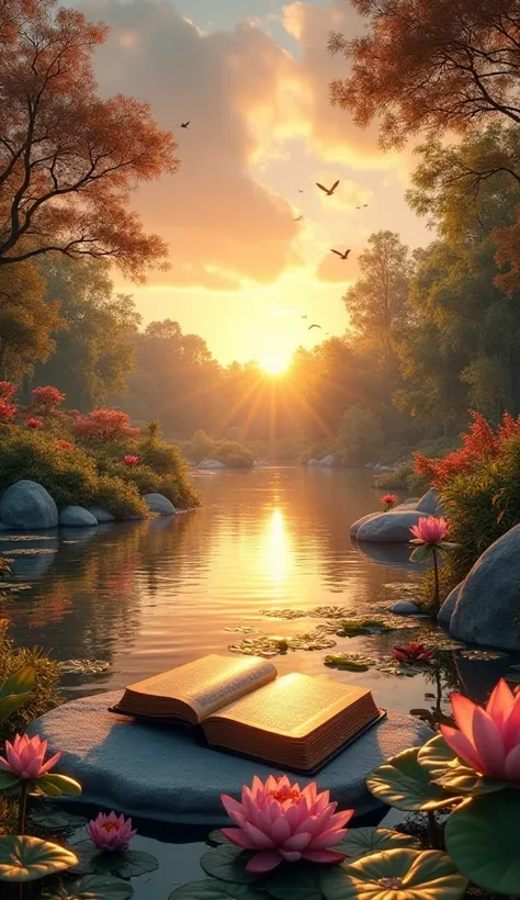 Autumn with magical gardens realistic sunrise , Great vegetation with realistic gardens and ,beautiful reflective magic lake with pink lotus flowers   ,Birds flying on the horizon ,  Tropic landscape with realistic magical gardens and magical butterflies f...