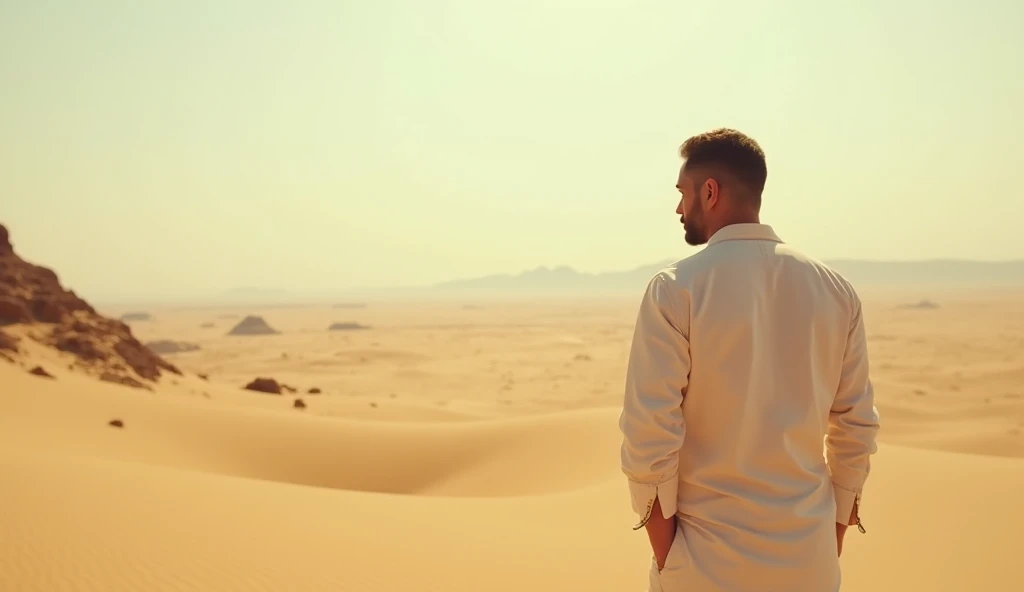 A man walks through the desert,  in a white shirt ,  looks into the distance