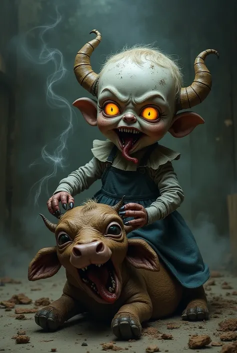 Make a Miney doll possessed by a demon eating a cow