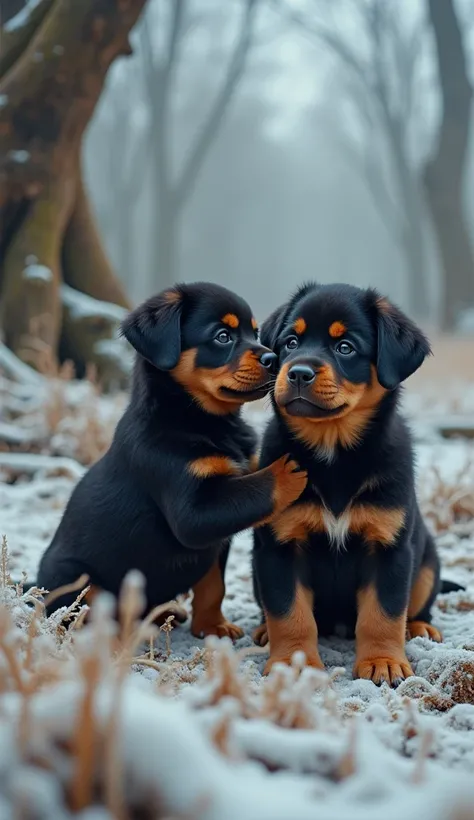 A whimsical and slightly mischievous scene featuring two adorable puppies in a frost-covered enchanted forest. A playful Rottweiler puppy with a wide, almost cheeky grin and bright, excited eyes stands over a calm Bernese Mountain Dog puppy, gently pressin...