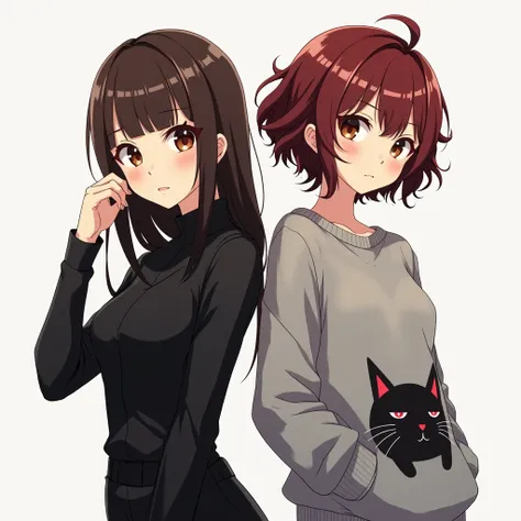 two anime characters a teenager with straight hair with brown eyes and straight hair dressed in black and a teenager with brown eyes dark redhead and gray cat sweater