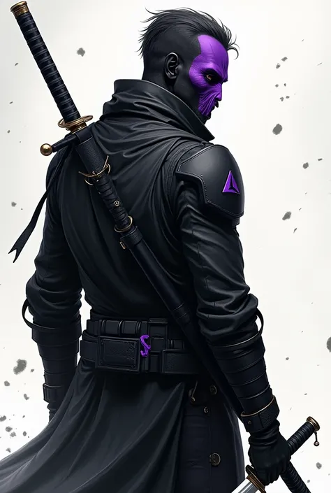 An oni with black tactical suit. Heshoukd stay with his back at the camera, while in his right hand he holds a white katana, and his mask should be purple also. Above him write: "A New Life" and in the down righ corner: "-- Gabitzu"