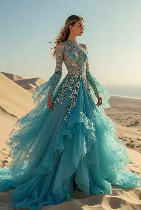 A mesmerizing design that captures the contrast between Qatar’s golden sand dunes and the serene Arabian Gulf waters.
🔹 Design Features:

The upper part mimics ocean waves, crafted from gradient blue and silver translucent fabrics.
The skirt is layered in ...