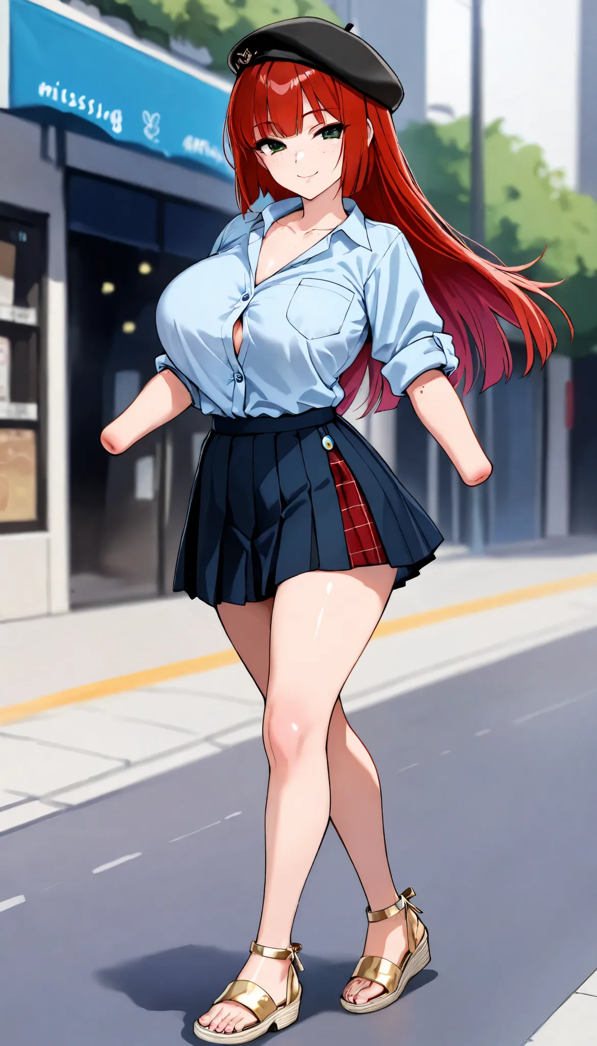 beautiful armless amputee girl dressed in blue shirt with rolled sleeves and skirt walking on the shiny street, girl, cute, sassy, smile, green eyes, (freckles), ((long straight red hair)), (black beret), ((light blue button down shirt)), (rolled up sleeve...