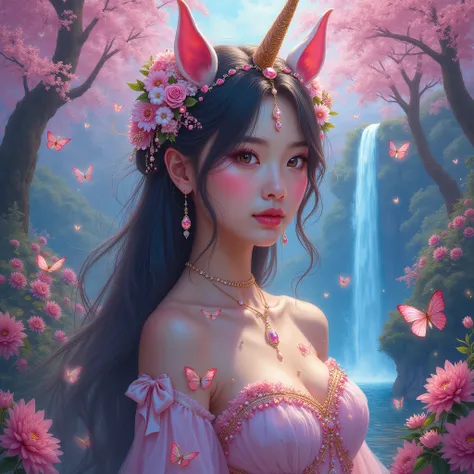 shiny oil paint, oil painting style, Realistic Oil Painting Midjourney Art 
A beautiful Asian woman, striking look,  looking down ,  with unicorn horns and ears ,  pink shade degrade with smoky blue with sparkles ,  long lashes and outlined , illuminated s...