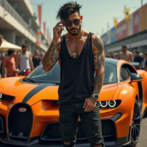 Full length body length. In front of an orange and black bugatti is a handsome, menacingly built American man with a brunette, punk type, faded black hair and cool street style clothes. He slides his sunglasses onto his nose and looks attractive with a mis...