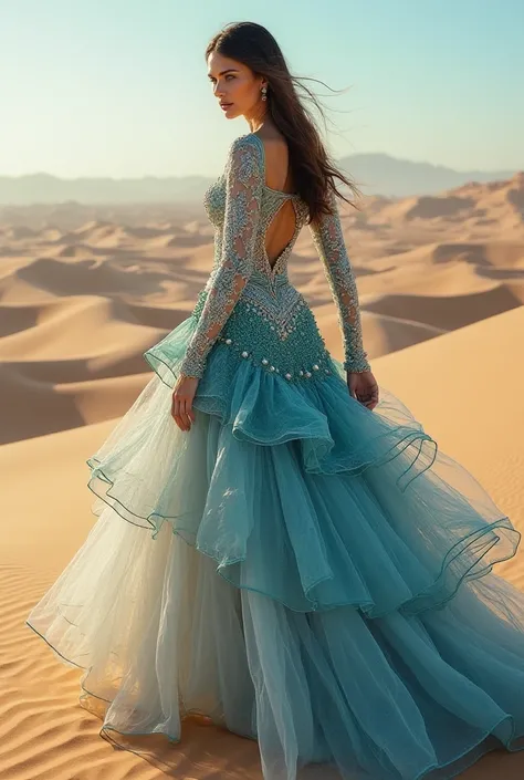 A mesmerizing design that captures the contrast between Qatar’s golden sand dunes and the serene Arabian Gulf waters.
🔹 Design Features:

The upper part mimics ocean waves, crafted from gradient blue and silver translucent fabrics.
The skirt is layered in ...