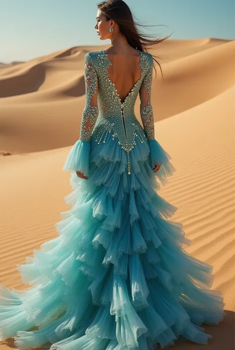 A mesmerizing design that captures the contrast between Qatar’s golden sand dunes and the serene Arabian Gulf waters.
🔹 Design Features:

The upper part mimics ocean waves, crafted from gradient blue and silver translucent fabrics.
The skirt is layered in ...