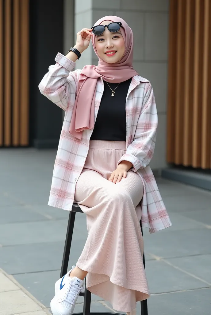 A Korean woman wearing hijab looks elegant and stylish with matching soft colors. She wore a (soft pink) pashmina hijab that was neatly arranged, matching a long knit skirt with a soft texture that gave an elegant impression. The black top worn as an inner...