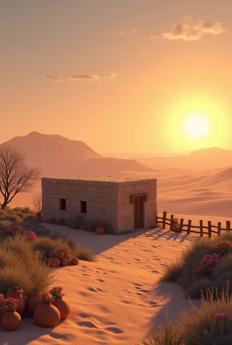 Flat desert with sun almost completely set. A little house made of stone seen From distance. The house Is flat roofed and in a yard with a low wood fence, full of wild plants and flowers in clay pots