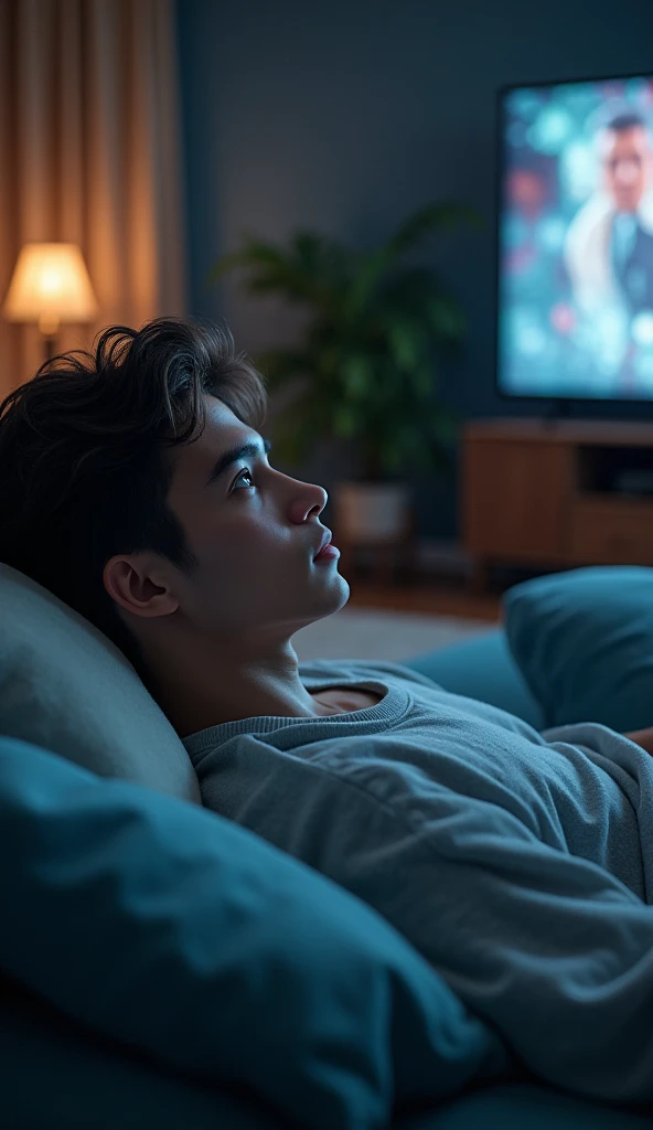 The young man lies at home watching a movie.